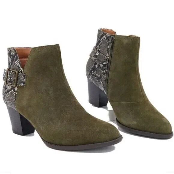Vionic Naomi Ankle Boots  Women's Size 6.5  Green Suede Snake Water-Resistant - Picture 1 of 10